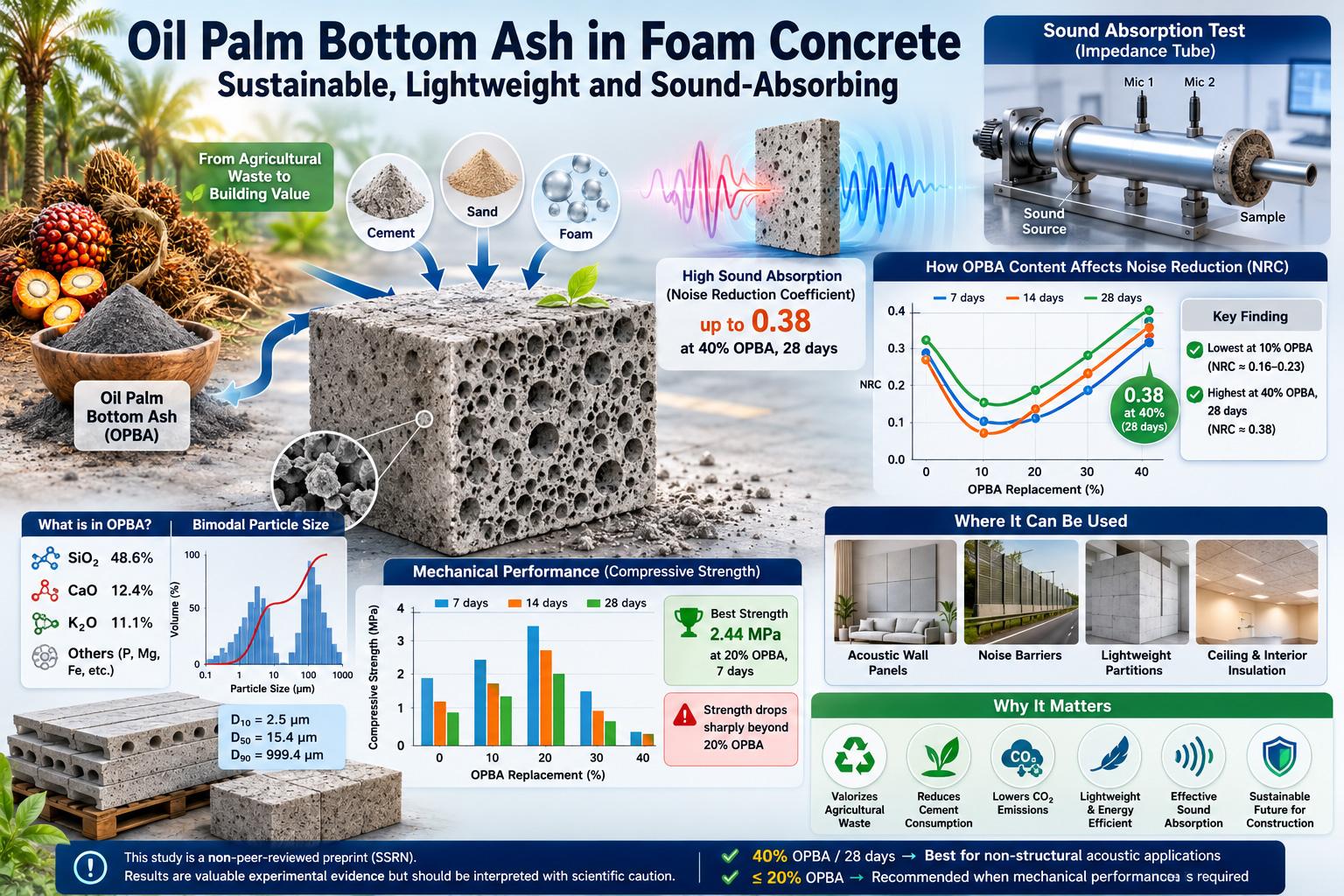 Oil Palm Bottom Ash in Foam Concrete: A Sustainable Route to Acoustic Panels with Clear Mechanical Limits